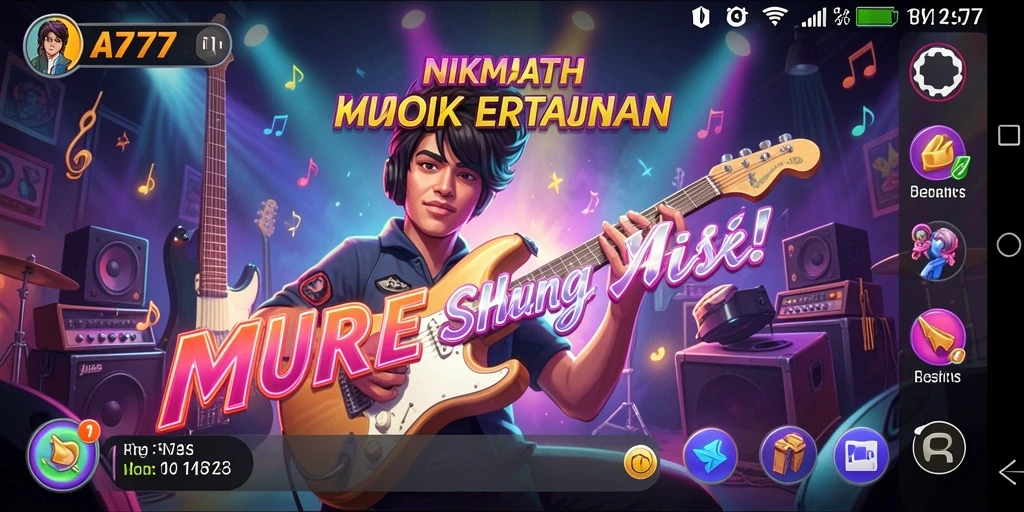 Screenshot utama A7777 menampilkan gameplay seru dengan berbagai lagu dan fitur interaktif.