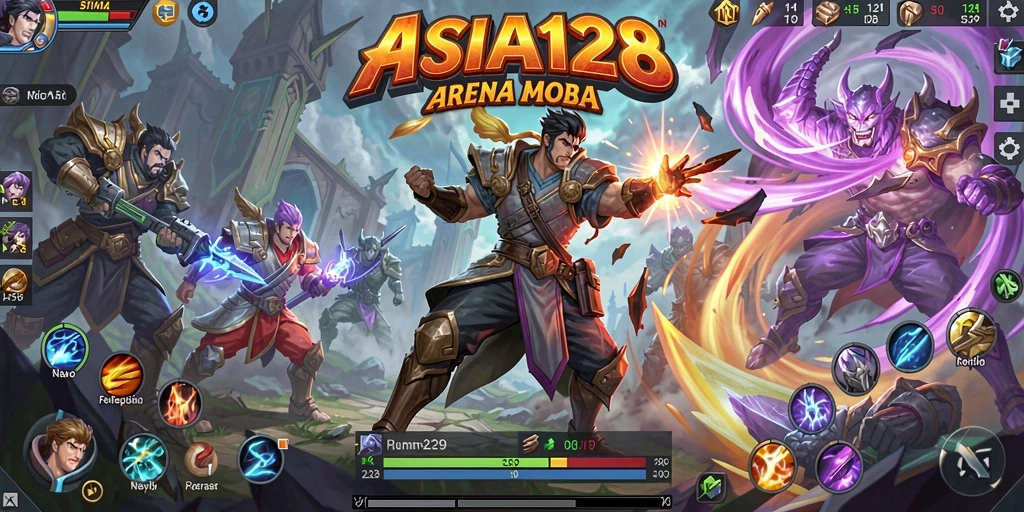 Tampilan gameplay seru dengan pertarungan tim yang intens di ASIA128.