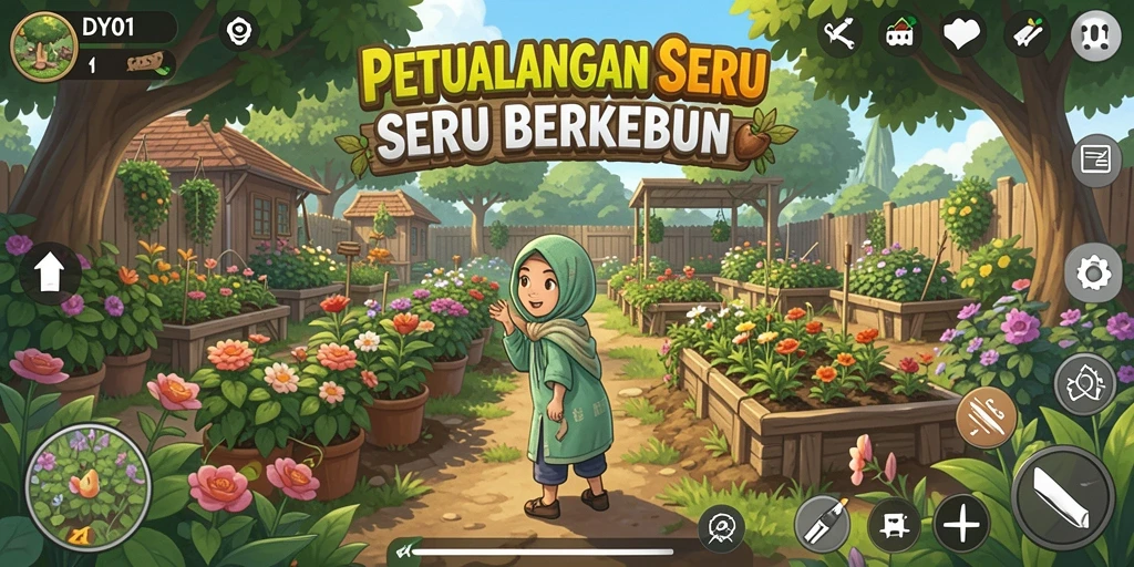 Gameplay DY01 menampilkan kebun hijau yang subur dan aktivitas bertani yang menyenangkan.