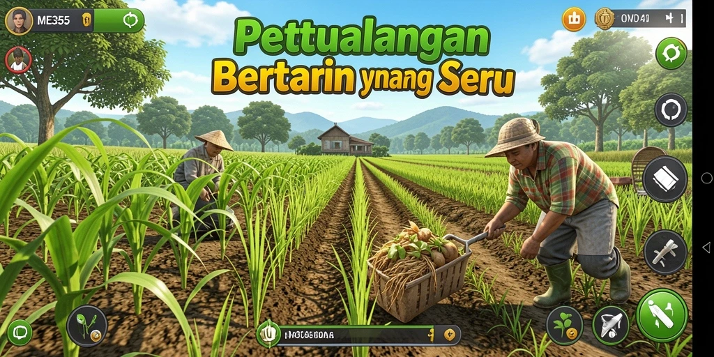 Gameplay Farming menarik dengan kebun yang luas dan hewan ternak.