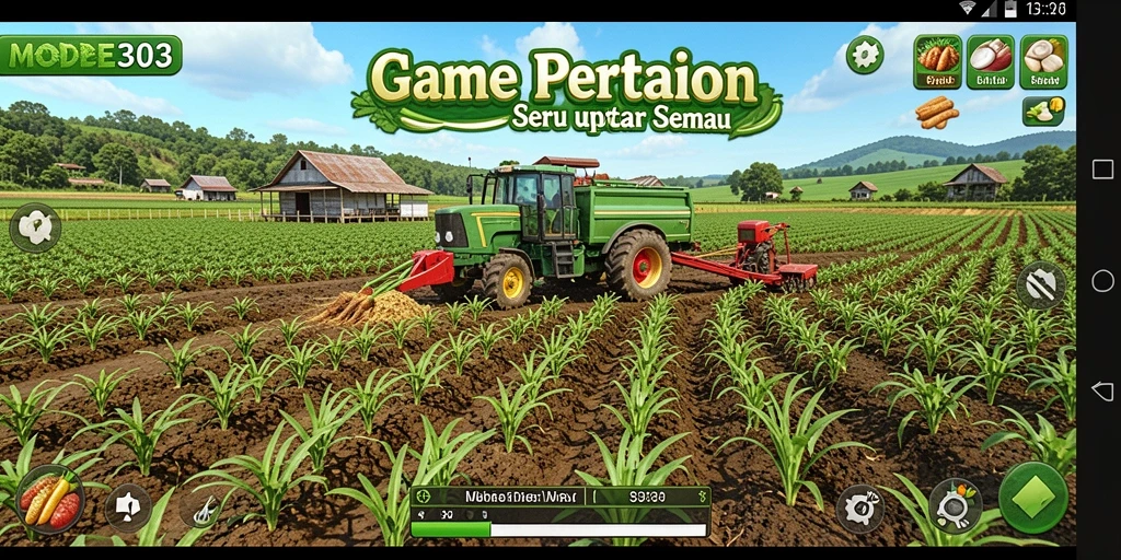 Tampilan gameplay <strong>MODE303</strong> dengan ladang hijau dan hewan ternak yang aktif.