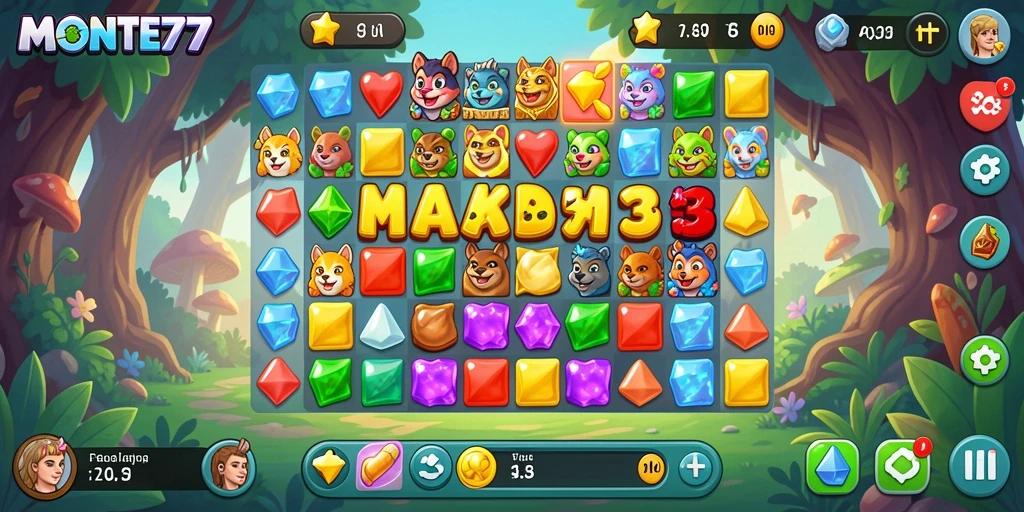Tampilan gameplay MONTE77 yang seru dengan nuansa Match-3 yang menarik.