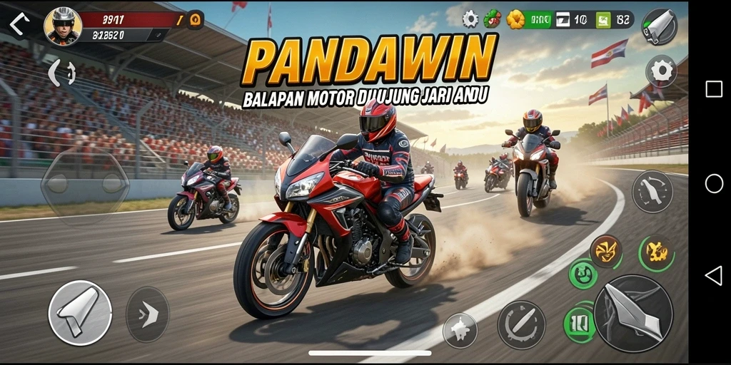 Tampilan gameplay balapan motor yang mendebarkan di <strong>PANDAWIN</strong>.