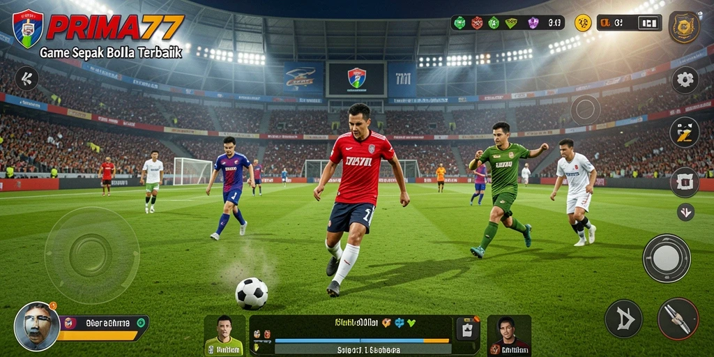 Tampilan grafis PRIMA77 saat pertandingan sepak bola seru.