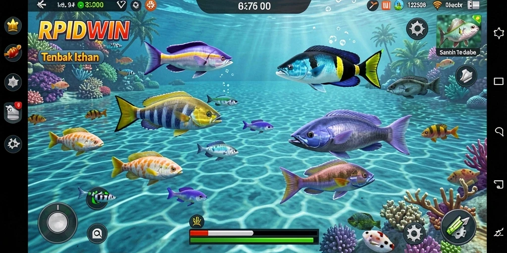 Screenshot permainan RPIDWIN menampilkan aksi menembak ikan yang seru.